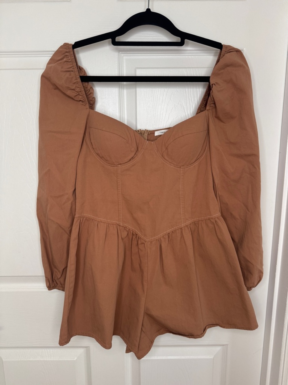 12th Tribe Square-Neck Puff Sleeve Romper in Terracotta Brown